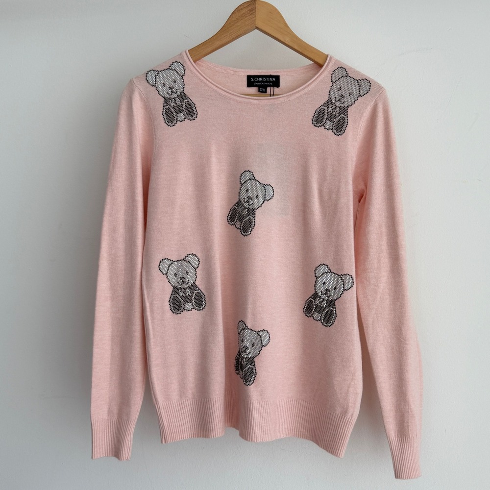 S. Christina 100% Cashmere Sweater Womens Small Pink Rhinestone Teddy Bear Crew